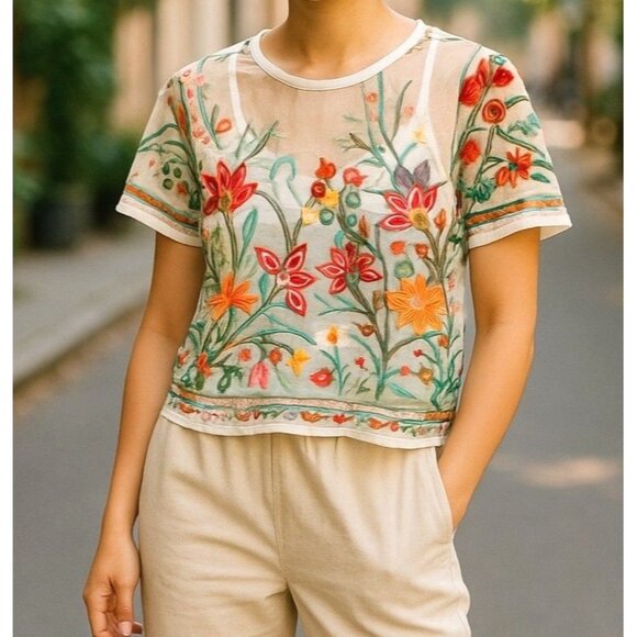 Floral Embroidered Sheer Mesh Crop Top Medium? Festive Cruise Vacation Festival - Picture 1 of 9
